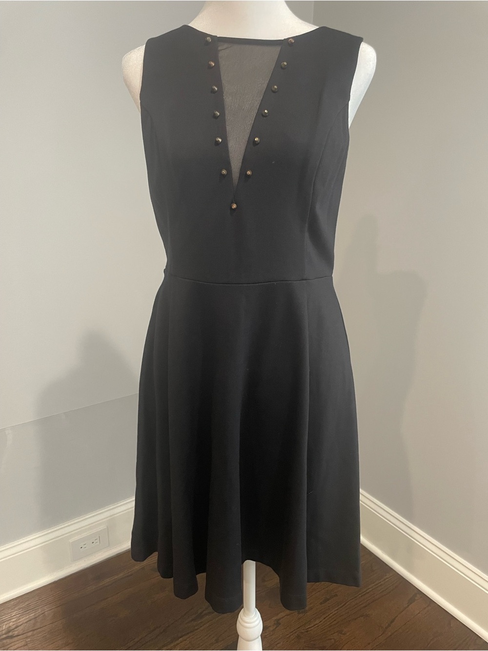Express Black Sleeveless Midi Dress with Sheer V-Inset and Stud Detail